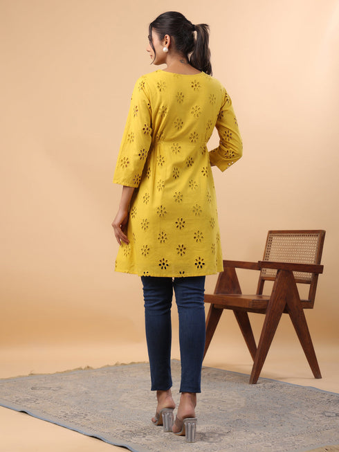 Mustard Cotton Schiffli A-Line Tunic